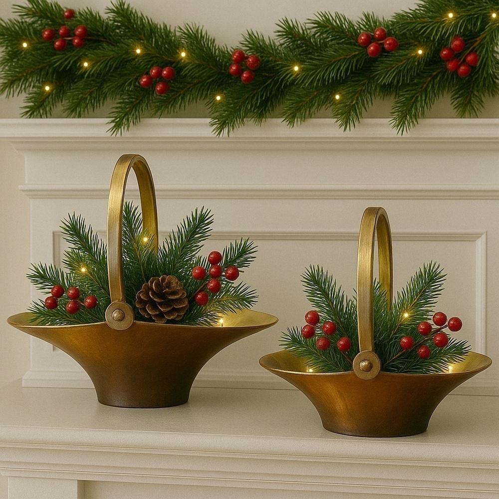 Vtg Brass Baskets Set of 2 Nesting Handled Patina MCM Hollywood Regency Decor - Picture 8 of 9